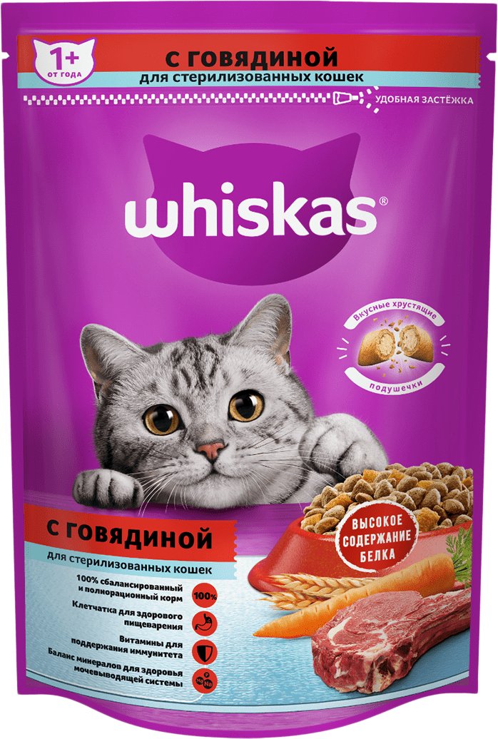 

Сухой корм для кошек Whiskas для стерилизованных кошек с говядиной и подушечками 0.35 кг