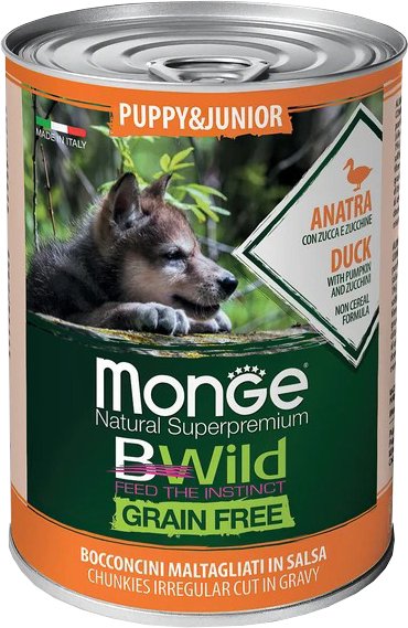 

Консервированный корм для собак Monge BWild Grain Free Puppy&Junior с уткой, тыквой и кабачками (400 г)