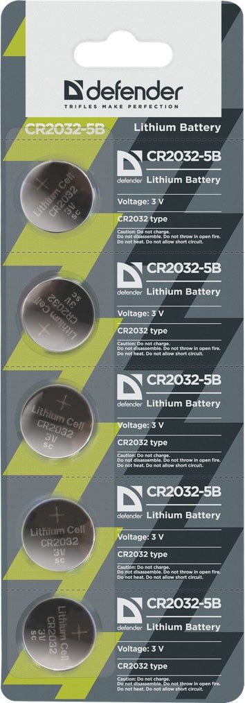 

Батарейка Defender CR-2032 5 шт. CR2032-5B
