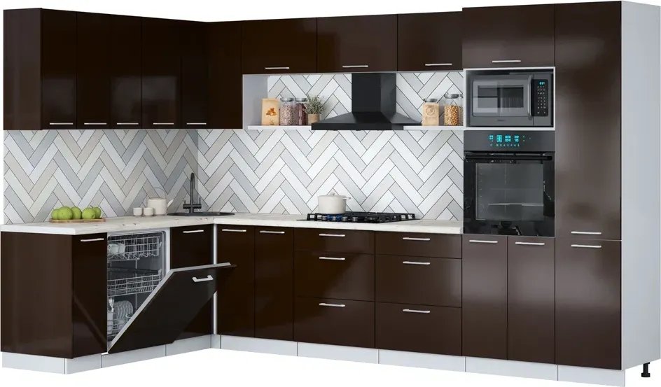 

Готовая кухня Интерлиния Мила Gloss 1.896х3.38 (шоколад глянец/шоколад глянец/бискайская сосна)