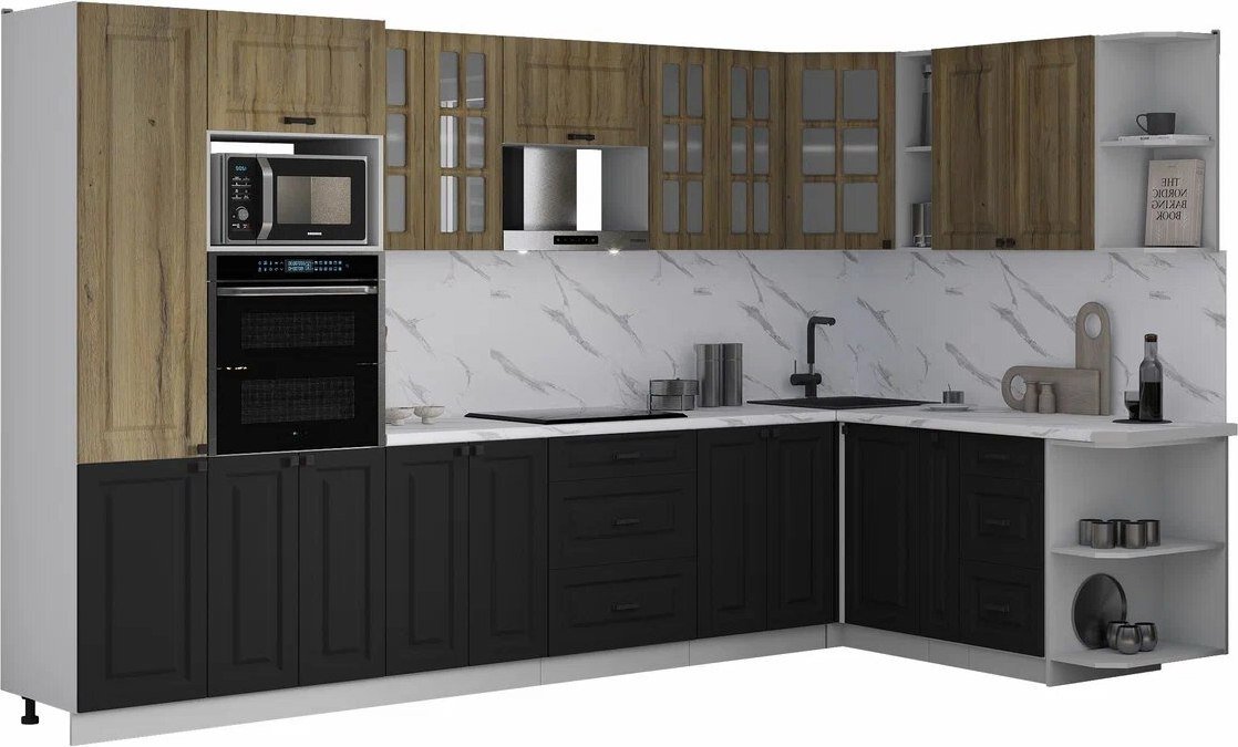 

Готовая кухня Интерлиния Мила Деко 1.88x3.4 PR (черный/дуб вотан/белый гранит)