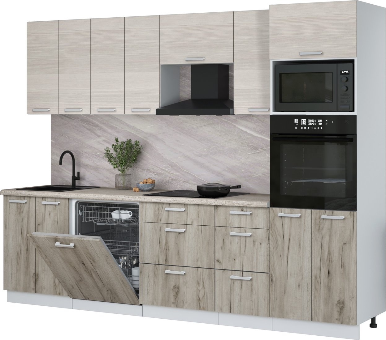 

Готовая кухня Интерлиния Мила Лайт 2.8-ПМ1 (вудлайн кремовый/дуб серый/травертин серый)