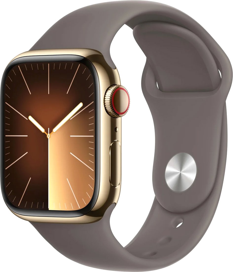 

Умные часы Apple Watch Series 9 LTE 41 мм (корпус из нержавеющей стали, золотистый/темно-серый, спортивный силиконовый ремешок S/M)