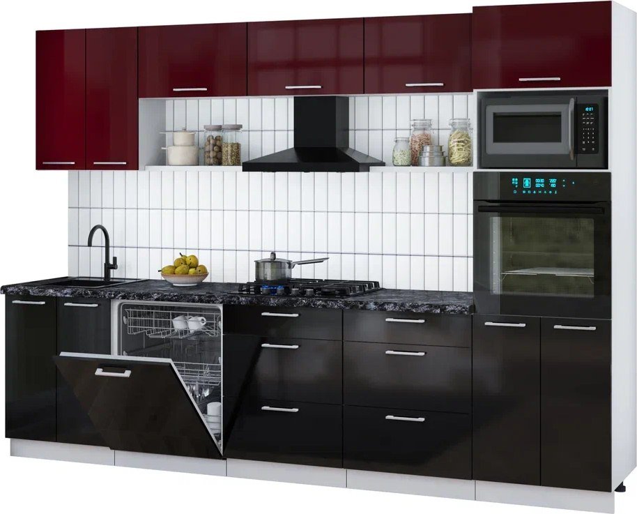 

Готовая кухня Интерлиния Мила Gloss 3.0-ПМ1 (черный глянец/бордовый глянец/кастилло темный)