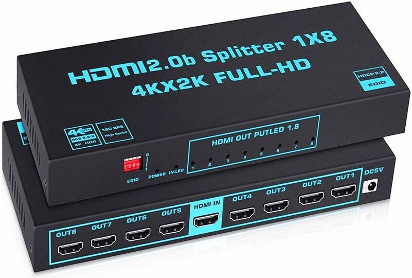 Разветвитель USBTOP 1x8 HDMI 2.0b PRO UltraHD 4K 60Гц, 18.5 Гбит/c 559406 (черный)