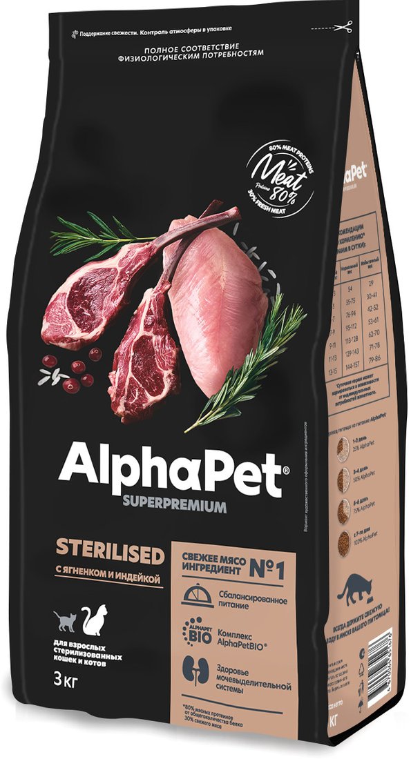 Сухой корм для кошек AlphaPet Superpremium Sterilized с ягненком и индейкой (3 кг)