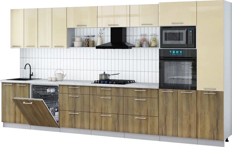 

Готовая кухня Интерлиния Мила Gloss 4.0-ПМ1 (дуб вотан/ваниль глянец/серый каспий)