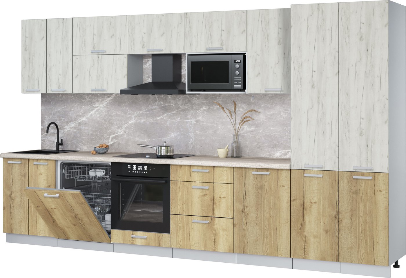 

Готовая кухня Интерлиния Мила Лайт 3.7-ПМ2 (дуб белый/дуб золотой/травертин серый)