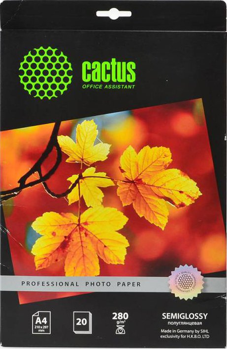 

Фотобумага CACTUS полуглянцевая A4 280 г/кв.м. 20 листов [CS-SGA428020]