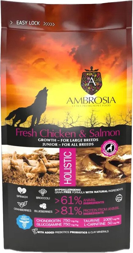 Сухой корм для собак Ambrosia Grain Free (для щенков крупных пород курица и лосось) 12 кг