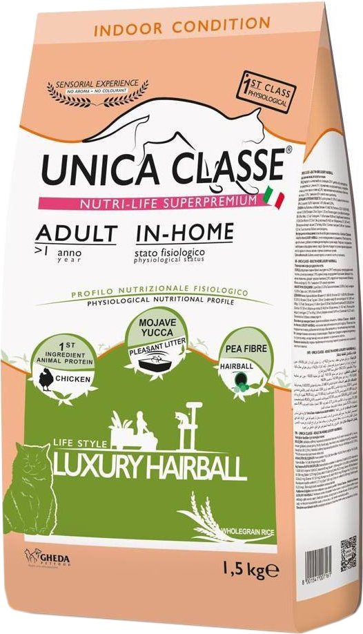 

Сухой корм для кошек Unica Classe Indoor Condition Adult In-Home Luxury Hairball Chicken 1.5 кг