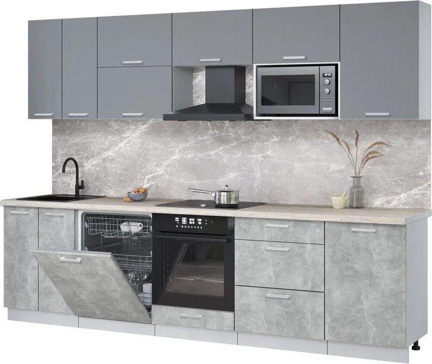 

Готовая кухня Интерлиния Мила Лайт 2.9-ПМ2 (серебро/бетон/травертин серый)