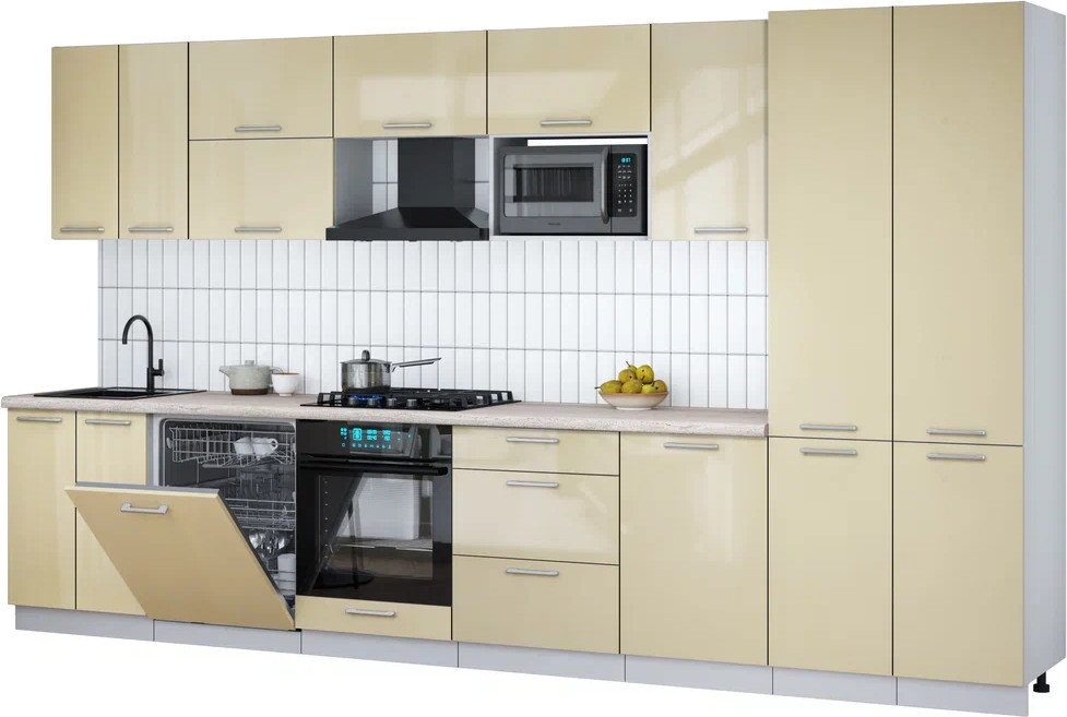 

Готовая кухня Интерлиния Мила Gloss 3.7-ПМ2 (ваниль глянец/ваниль глянец/травертин серый)