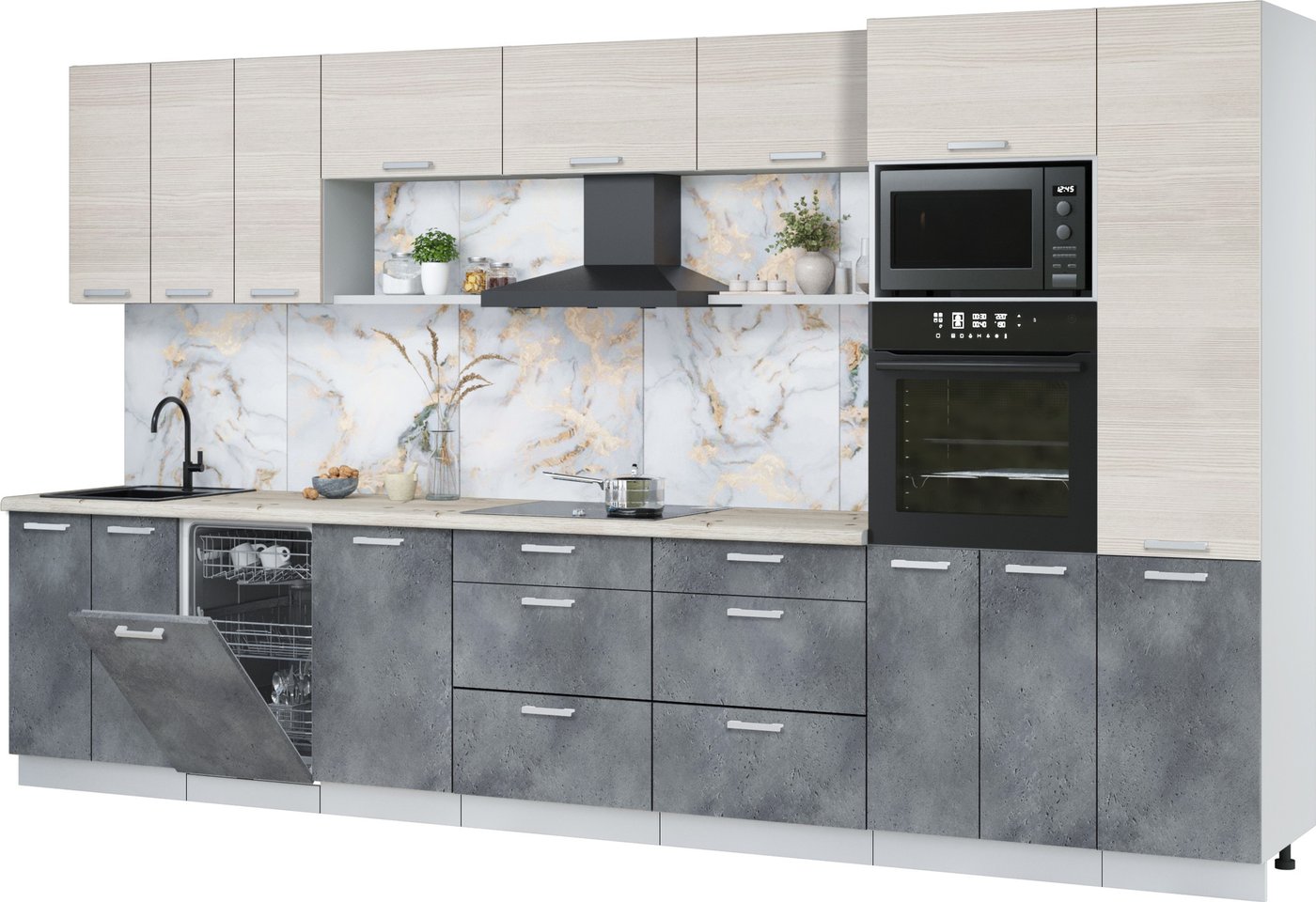 

Готовая кухня Интерлиния Мила Лайт 3.7-ПМ3 (вудлайн кремовый/бетон портленд/бискайская сосна)