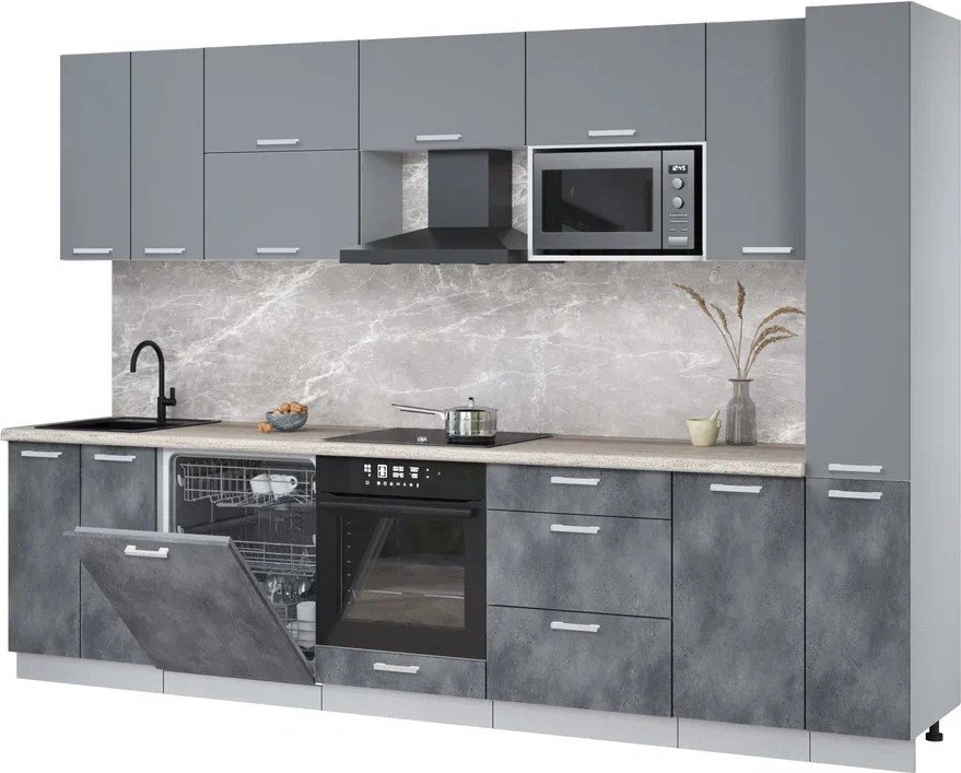 

Готовая кухня Интерлиния Мила Лайт 3.1-ПМ2 (серебро/бетон портленд/травертин серый)