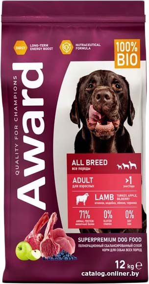 Сухой корм для собак Award Adult All Breed для всех пород с ягненком, индейкой с добавлением яблока и черники 12 кг