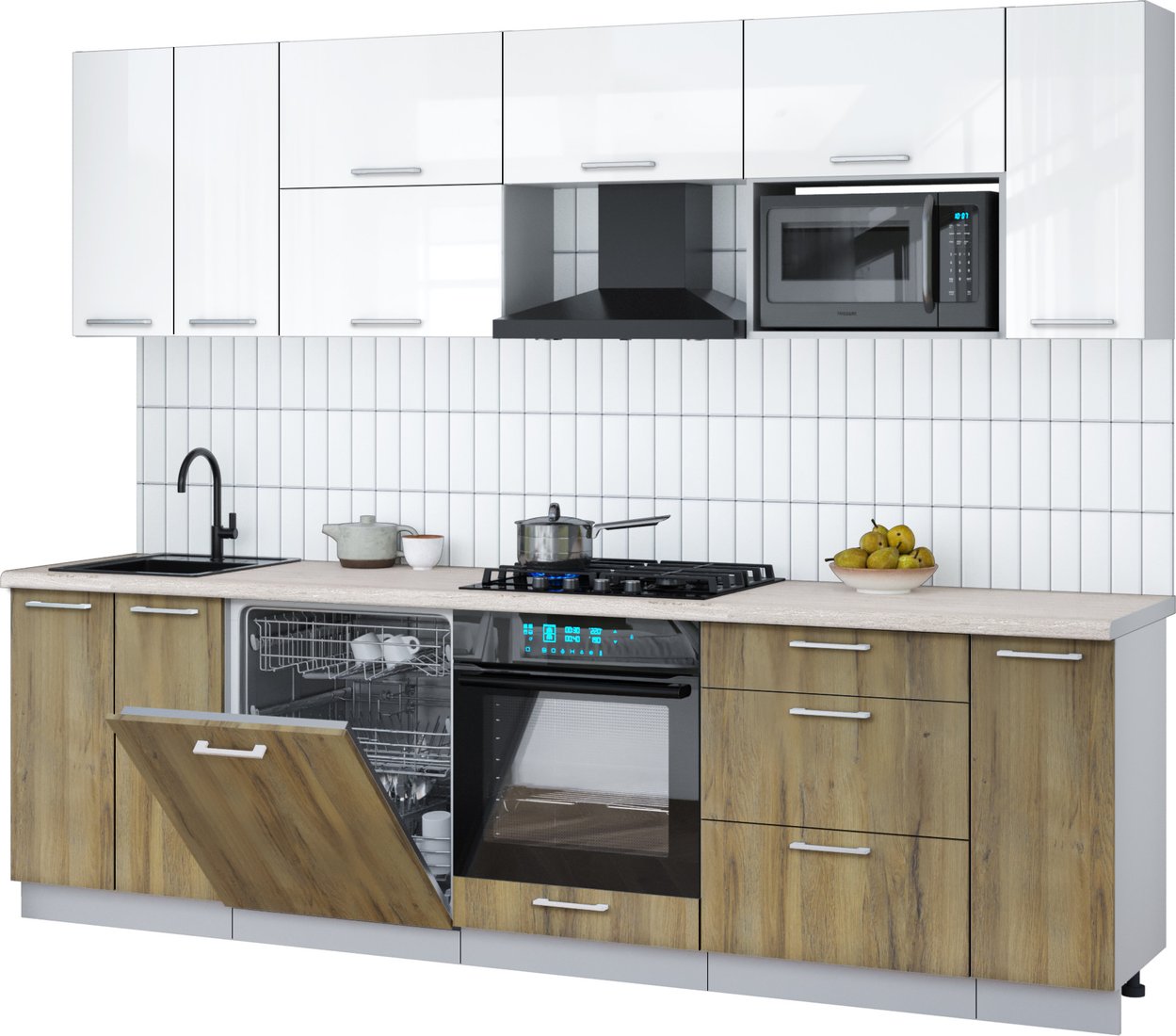 

Готовая кухня Интерлиния Мила Gloss 2.7-ПМ2 (дуб вотан/белый глянец/травертин серый)