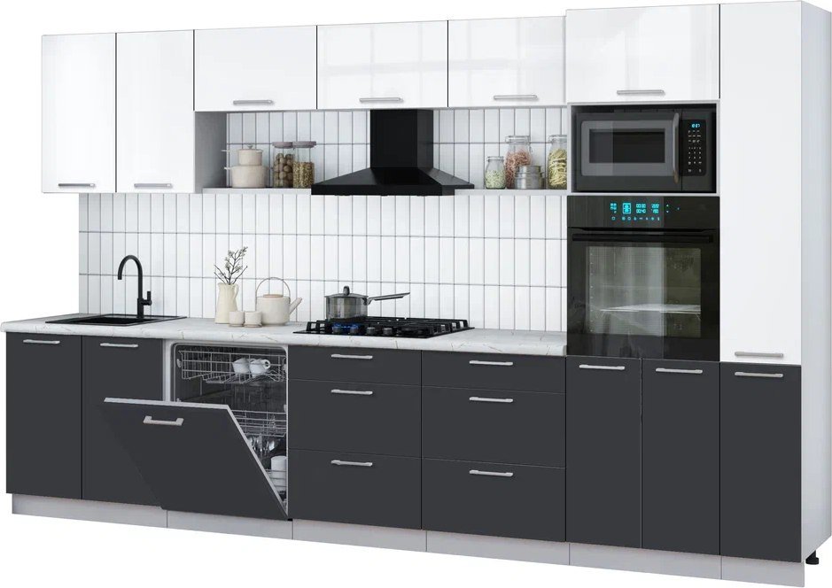 

Готовая кухня Интерлиния Мила Gloss 3.5-ПМ1 (пепел/белый глянец/серый каспий)