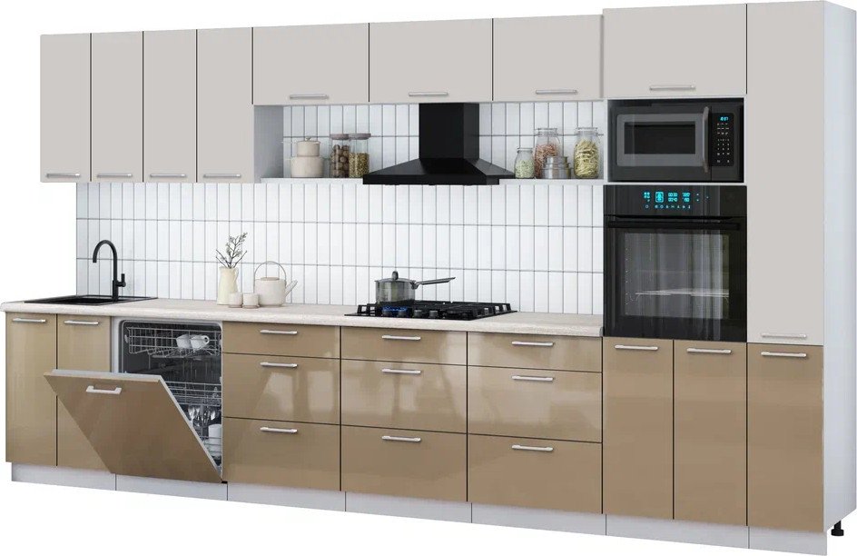 

Готовая кухня Интерлиния Мила Gloss 3.9-ПМ1 (капучино глянец/кашемир/травертин серый)