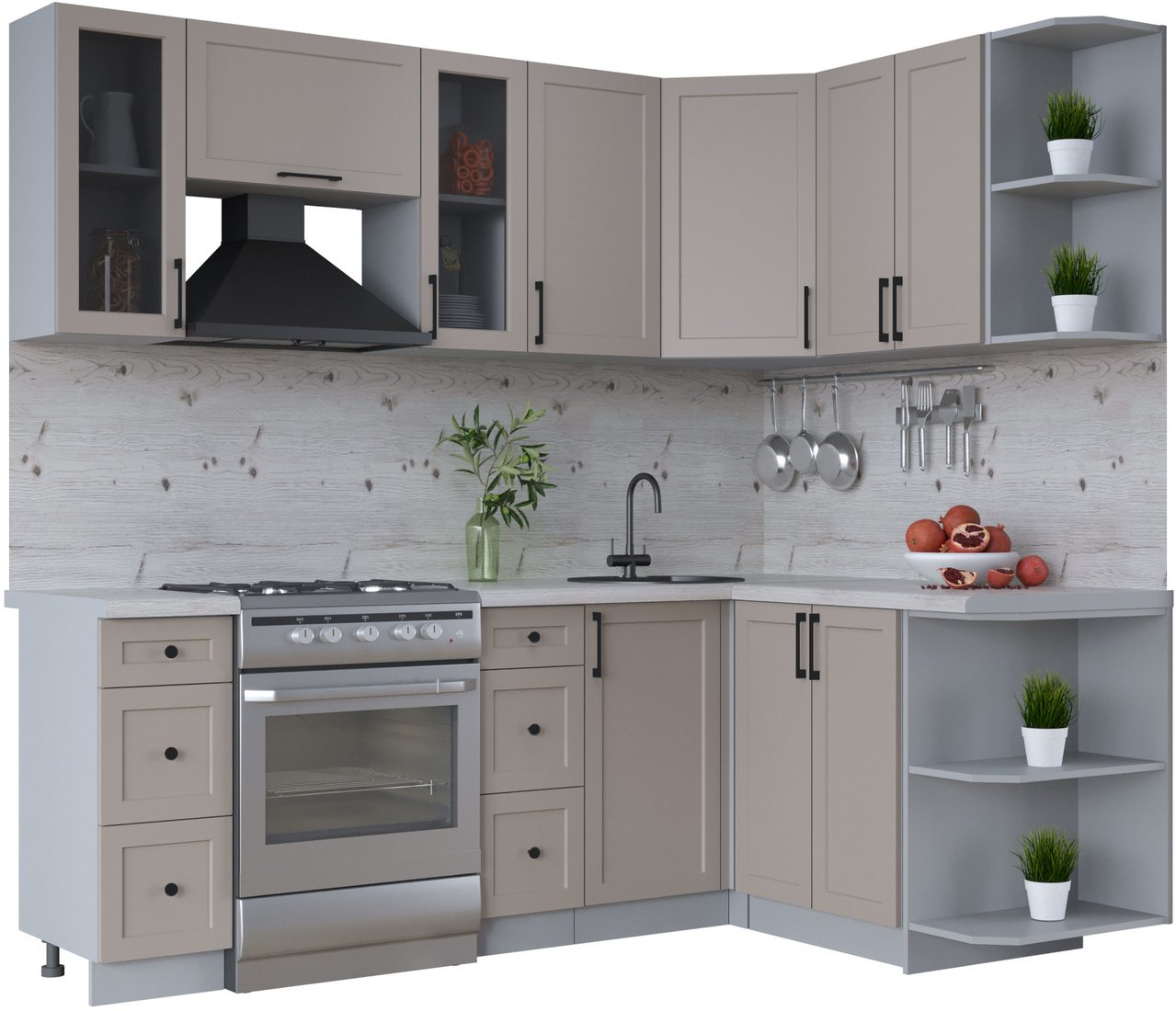 Готовая кухня Интерлиния Тренд 1.5x2.2 правая (луна/луна/бискайская сосна)