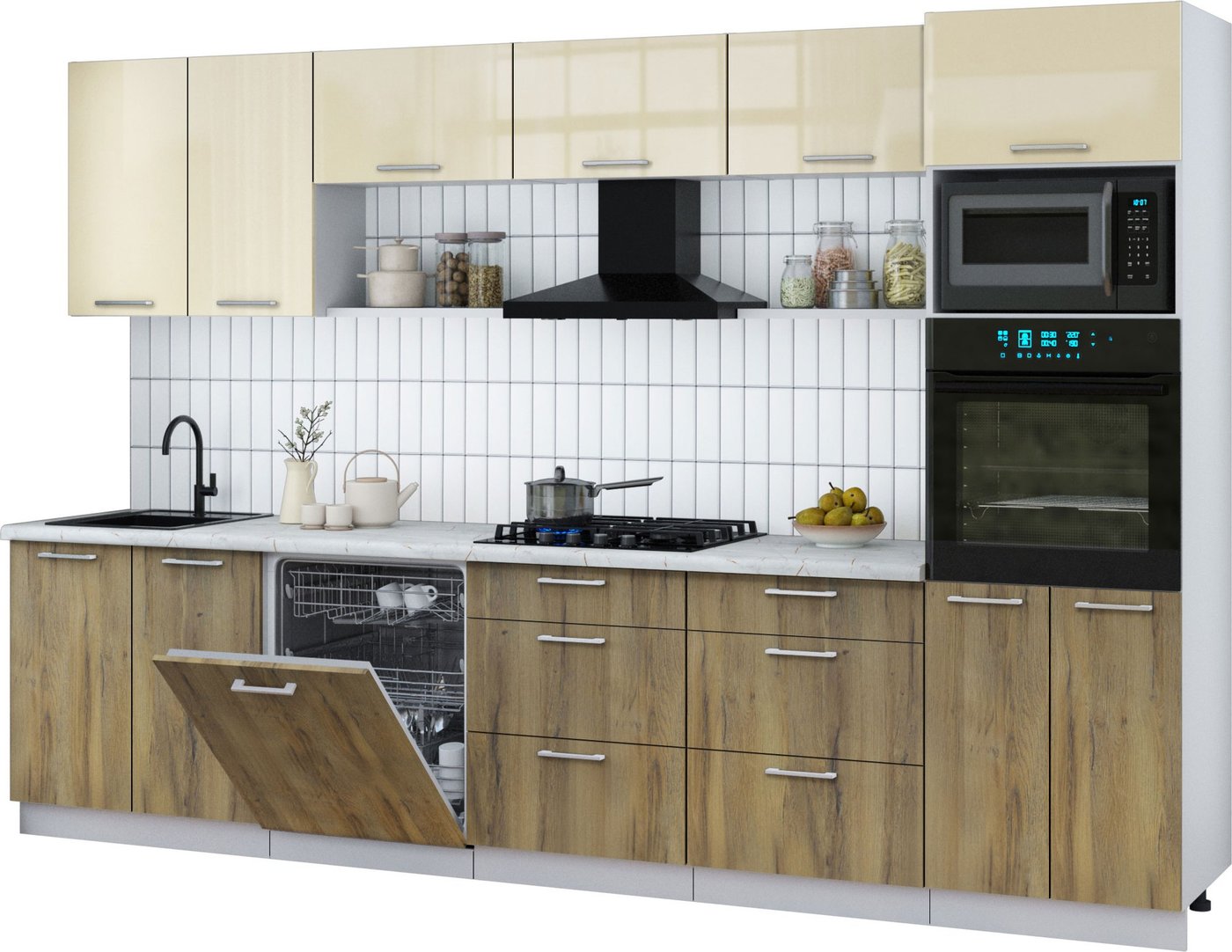 

Готовая кухня Интерлиния Мила Gloss 3.2-ПМ1 (дуб вотан/ваниль глянец/серый каспий)