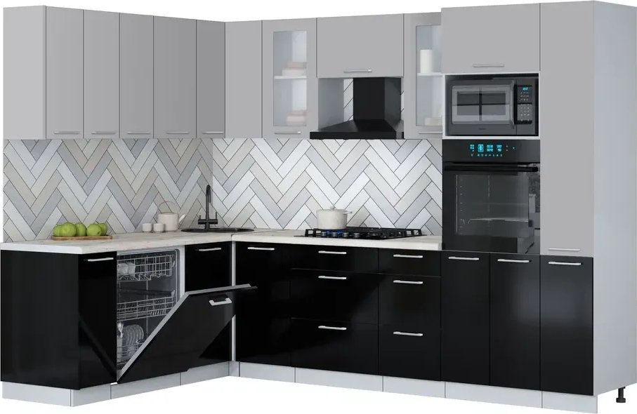 

Готовая кухня Интерлиния Мила Gloss 1.896х2.88 (черный глянец/грей/бискайская сосна)