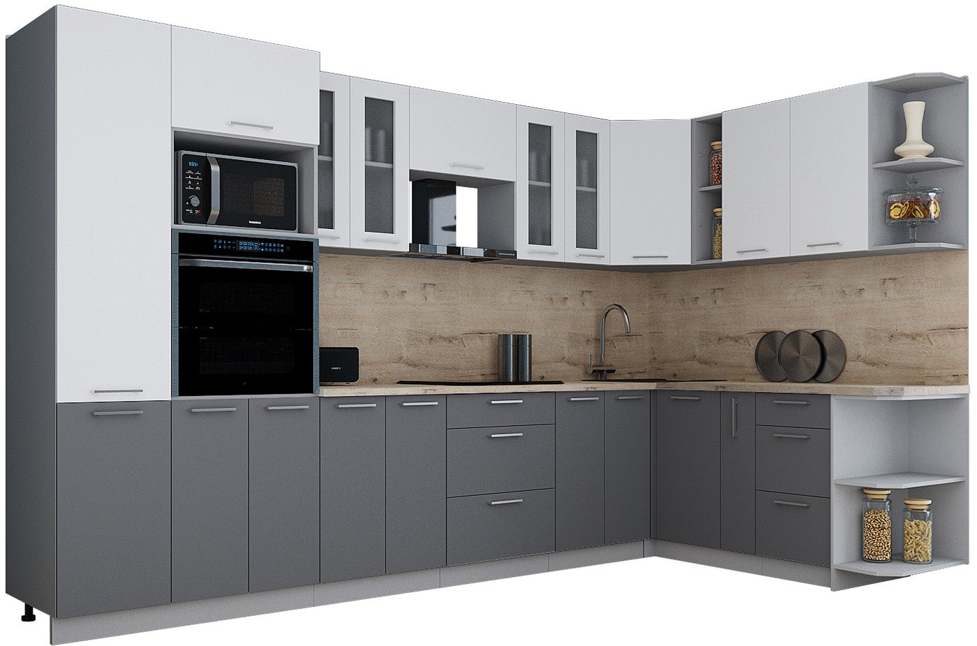 

Готовая кухня Интерлиния Мила Gloss 1.88x3.4 правая (белый софт/серый софт/травертин серый)