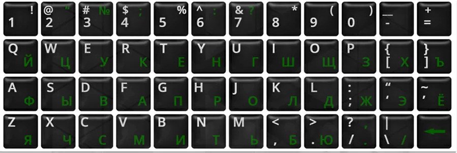 

Наклейки с русской раскладкой KST ENRU-S48103 (черная основа/зеленые символы)