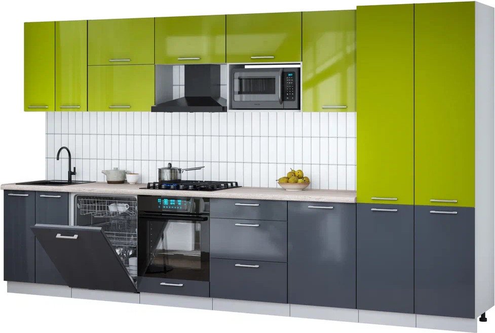 

Готовая кухня Интерлиния Мила Gloss 3.7-ПМ2 (асфальт глянец/яблоко глянец/травертин серый)