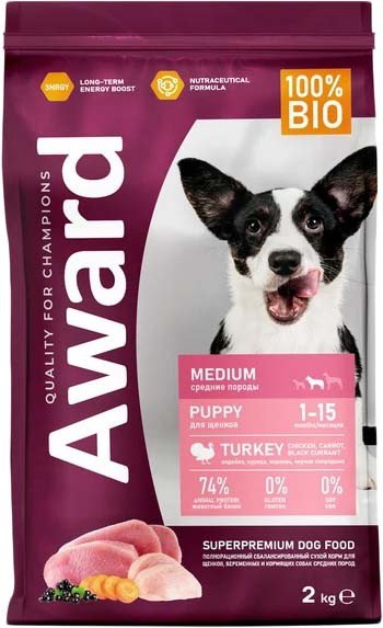 

Сухой корм для собак Award Puppy Medium для щенков средних пород с индейкой, курицей с добавлением моркови и черной смородины 2 кг