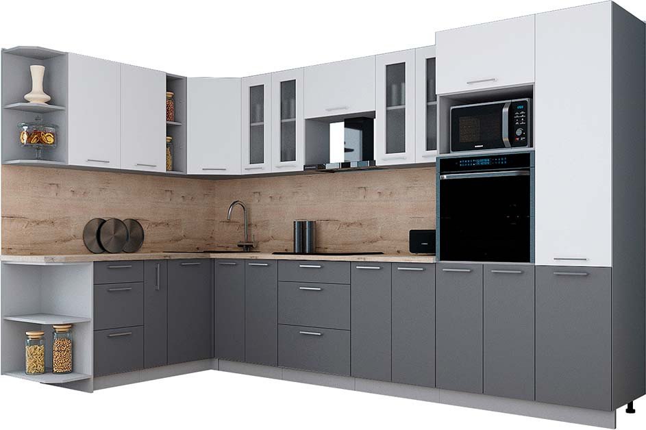

Готовая кухня Интерлиния Мила Gloss 1.88x3.4 левая (белый софт/серый софт/травертин серый)