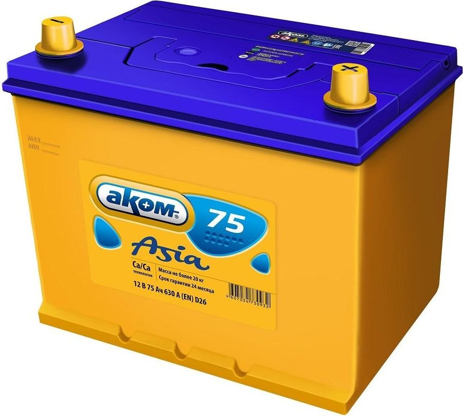 

Автомобильный аккумулятор AKOM Asia 75p (75 А·ч)