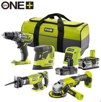 Ryobi R18CK4E-242S 5133004757 (шуруповерт, сабельная пила, болгарка, шлифмашина, 2 АКБ, сумка)