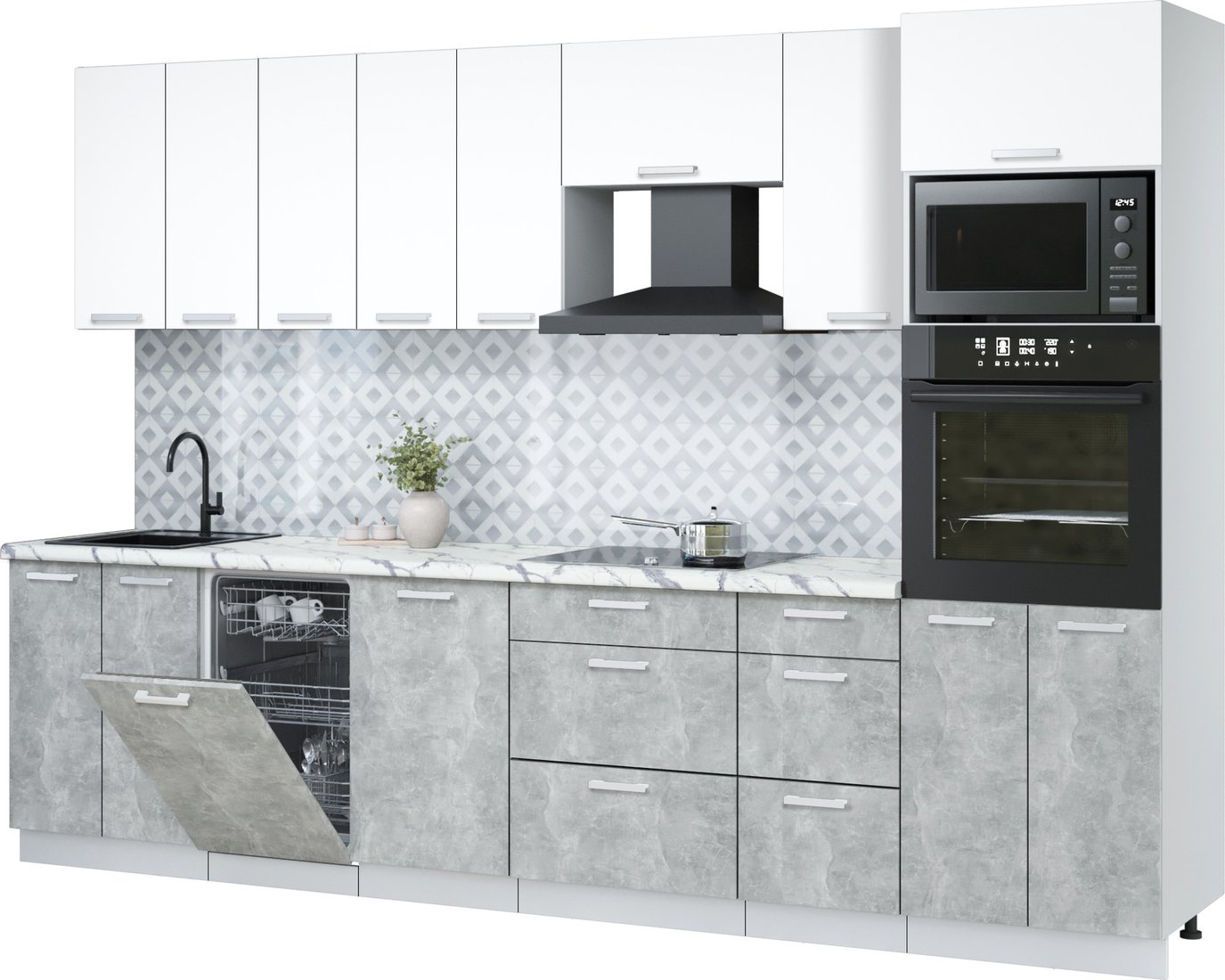 

Готовая кухня Интерлиния Мила Лайт 3.1-ПМ3 (белый платинум/бетон/белый гранит)