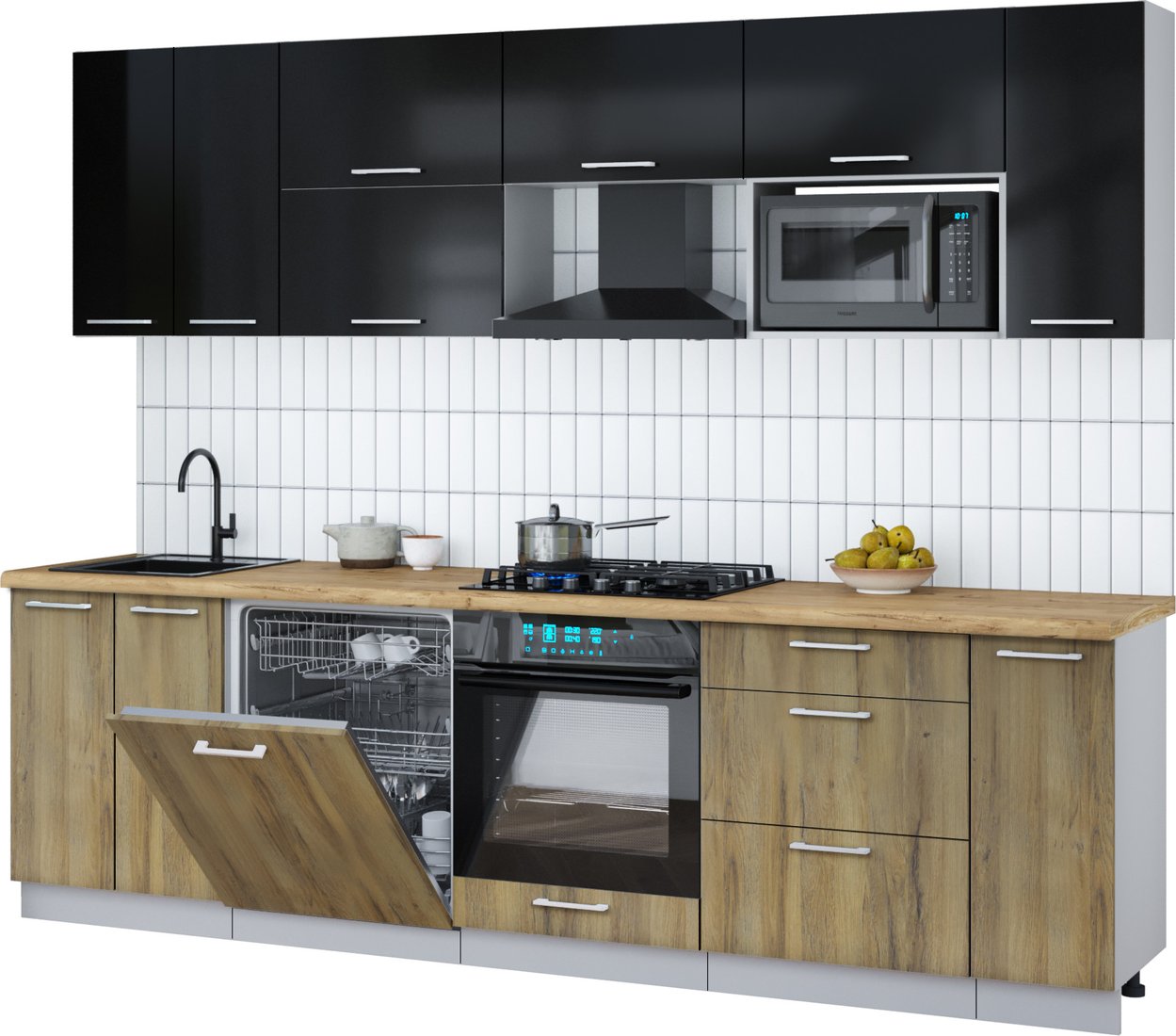 

Готовая кухня Интерлиния Мила Gloss 2.7-ПМ2 (дуб вотан/черный глянец/дуб бунратти)