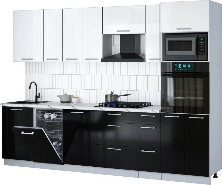 

Готовая кухня Интерлиния Мила Gloss 2.9-ПМ3 (черный глянец/белый глянец/белый гранит)