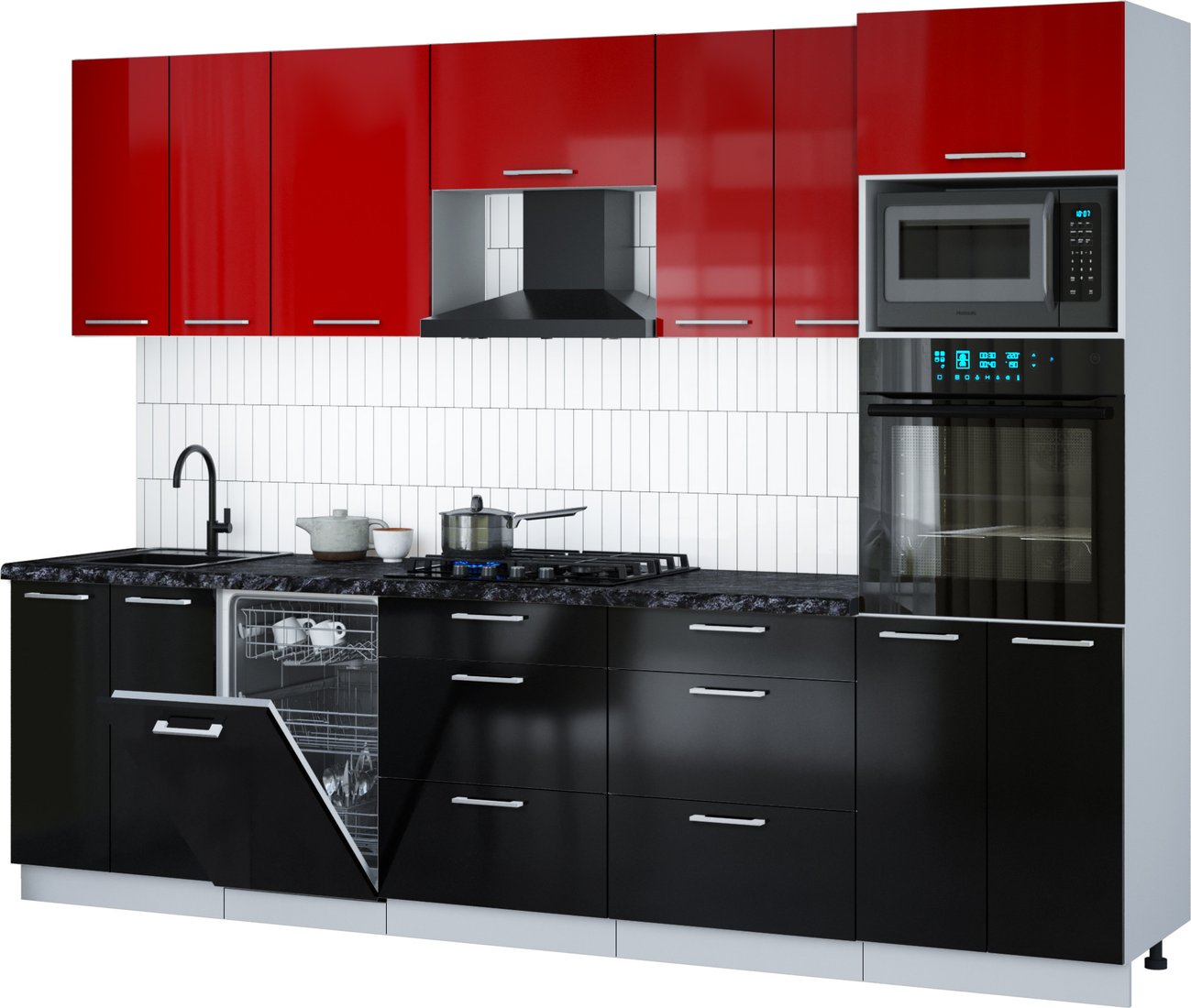 

Готовая кухня Интерлиния Мила Gloss 2.85-ПМ3 (черный глянец/красный глянец/кастилло темный)