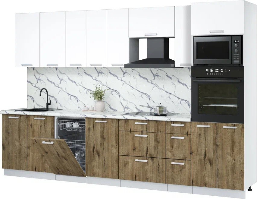 

Готовая кухня Интерлиния Мила Лайт 3.2-ПМ3 (белый платинум/дуб веллингтон/белый гранит)