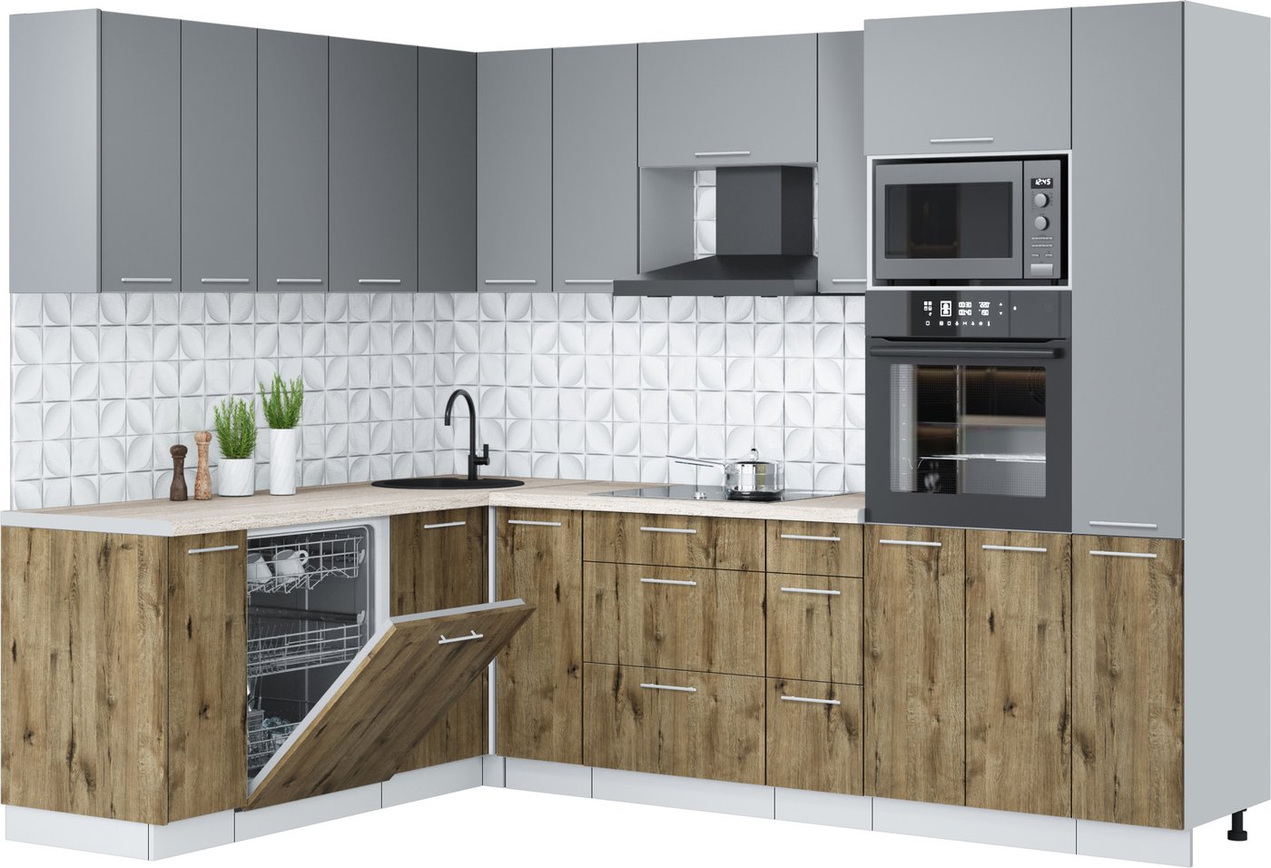 

Готовая кухня Интерлиния Мила Лайт 1.896х2.68 (серебро/дуб веллингтон/травертин серый)