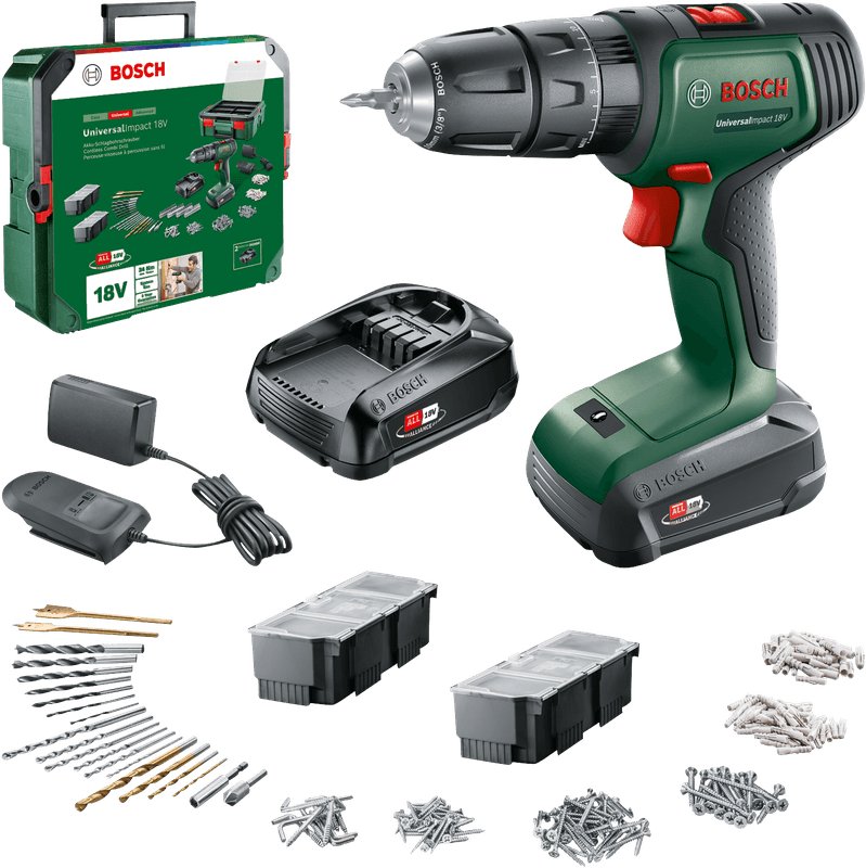 

Ударная дрель-шуруповерт Bosch UniversalImpact 18V 06039D4103 (с 2-мя АКБ, набор оснастки, кейс)