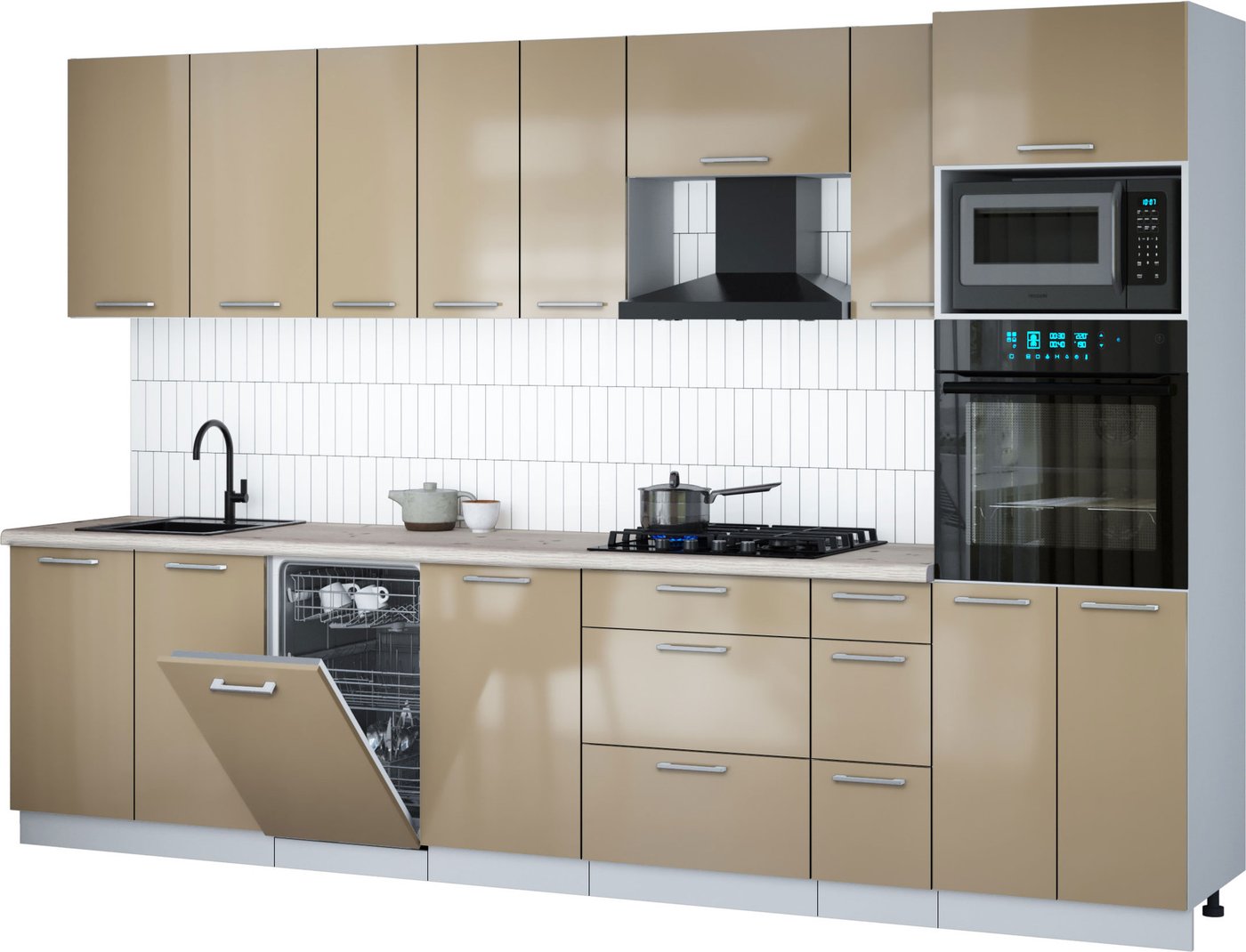 

Готовая кухня Интерлиния Мила Gloss 3.2-ПМ3 (капучино глянец/капучино глянец/бискайская сосна)