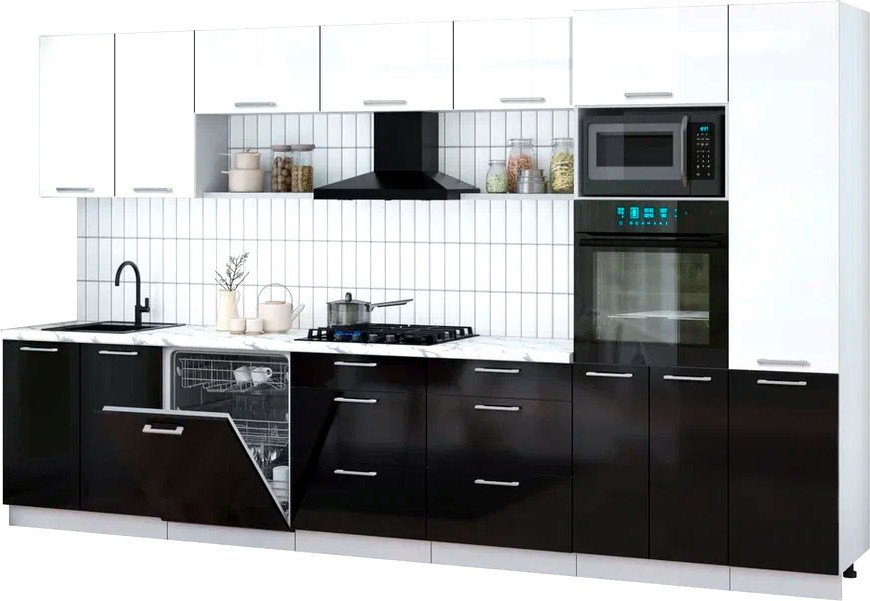 

Готовая кухня Интерлиния Мила Gloss 3.6-ПМ1 (черный глянец/белый глянец/белый гранит)