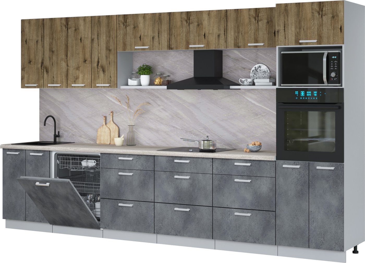 

Готовая кухня Интерлиния Мила Лайт 3.6-ПМ1-2 (дуб веллингтон/бетон портленд/травертин серый)