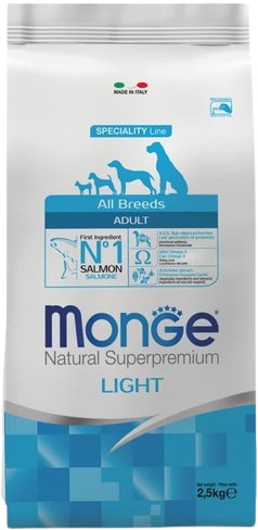 

Сухой корм для собак Monge All Breeds Adult Light Salmon and Rice (низкокалорийный для всех пород с лососем и рисом) 2.5 кг