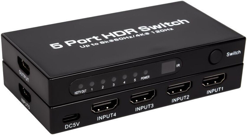 Переключатель USBTOP 5×1 HDMI 2.1 UltraHD 8K 60Гц, HDCP 2.3, пульт ДУ, активный 559414 (черный)
