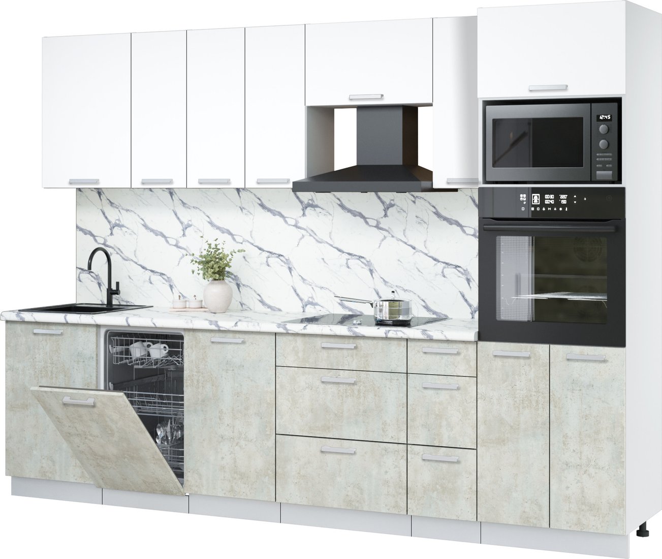 

Готовая кухня Интерлиния Мила Лайт 2.9-ПМ3 (белый платинум/бетон лайт/белый гранит)