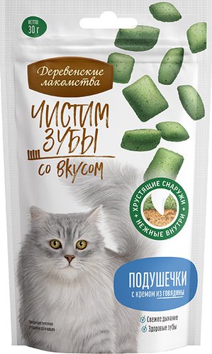 Лакомство для кошек Деревенские лакомства Чистим зубы со вкусом. Подушечки с кремом из говядины 30 г