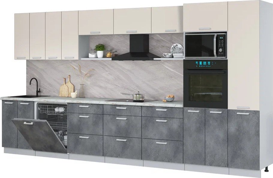 

Готовая кухня Интерлиния Мила Лайт 4.0-ПМ1 (персидский жемчуг/бетон портленд/серый каспий)