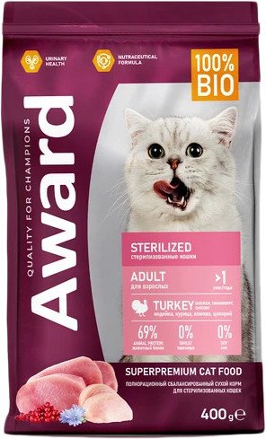 

Сухой корм для кошек Award Adult Sterilized (для стерилизованных с индейкой и курицей с добавлением клюквы и цикория) 400 г