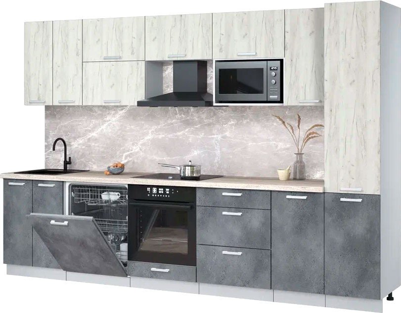 

Готовая кухня Интерлиния Мила Лайт 3.2-ПМ2 (дуб белый/бетон портленд/травертин)